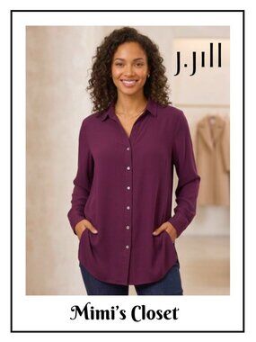 J.JILL Burgundy Button-Up Rayon Tunic with Pockets - Size L Petite
